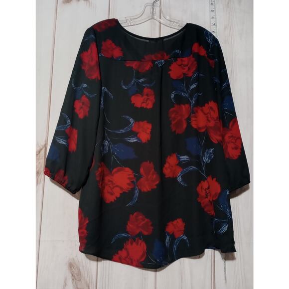 Maurices Blouse Womens XL Black Red Floral Chiffon Crisscross Semi Sheer Top - Picture 5 of 7